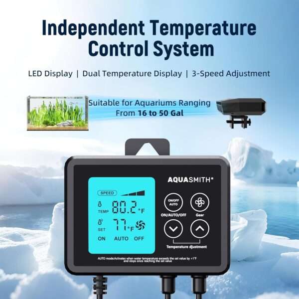 Ventilador enfriador de acuario con motor sin escobillas y ventiladores duales. Incluye controlador LED con doble pantalla de temperatura para control inteligente (59°F-93°F).