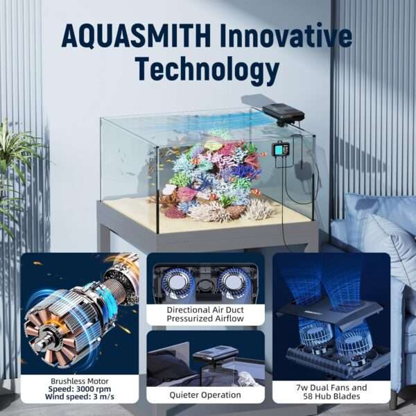Ventilador enfriador de acuario con motor sin escobillas y ventiladores duales. Incluye controlador LED con doble pantalla de temperatura para control inteligente (59°F-93°F).