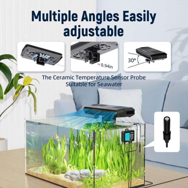 Ventilador enfriador de acuario con motor sin escobillas y ventiladores duales. Incluye controlador LED con doble pantalla de temperatura para control inteligente (59°F-93°F).