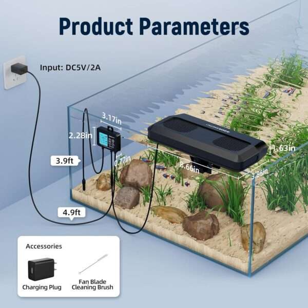 Ventilador enfriador de acuario con motor sin escobillas y ventiladores duales. Incluye controlador LED con doble pantalla de temperatura para control inteligente (59°F-93°F).