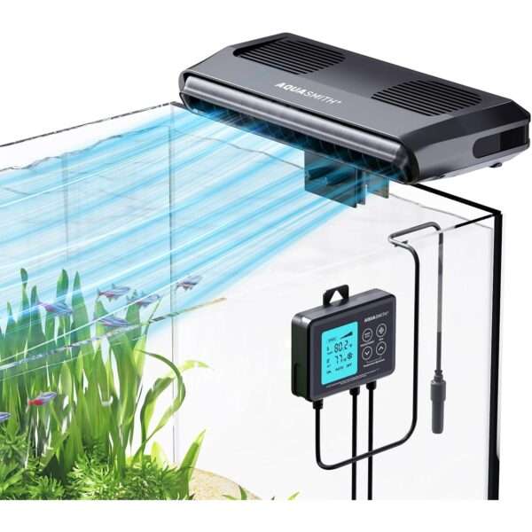 Ventilador enfriador de acuario con motor sin escobillas y ventiladores duales. Incluye controlador LED con doble pantalla de temperatura para control inteligente (59°F-93°F).