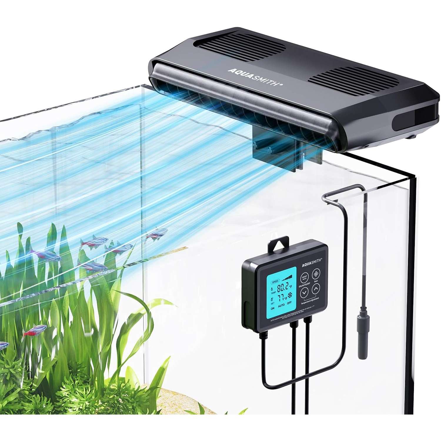 Ventilador enfriador de acuario con motor sin escobillas y ventiladores duales. Incluye controlador LED con doble pantalla de temperatura para control inteligente (59°F-93°F).
