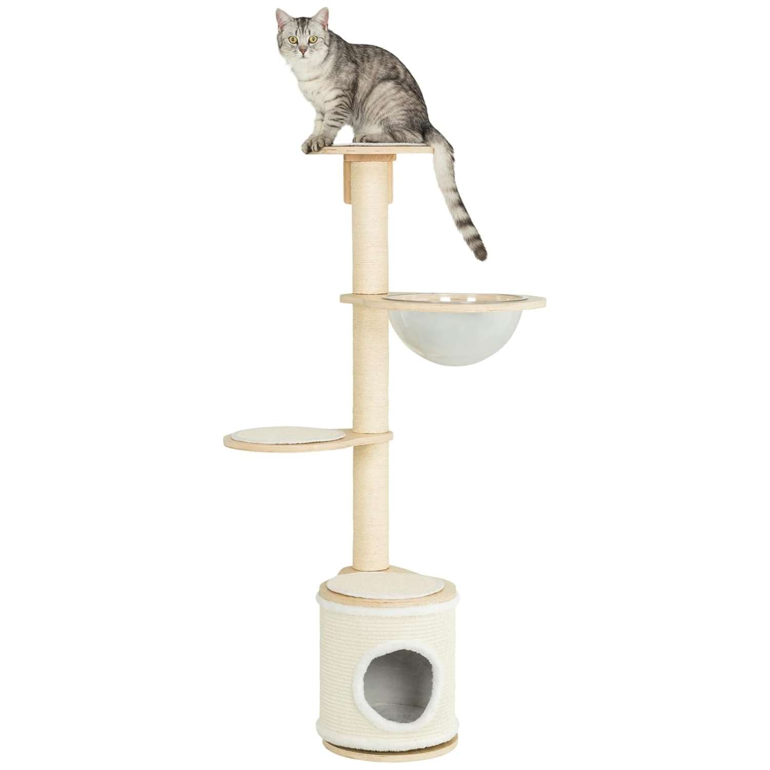 Mueble rascador mural de lujo (ciento treinta y ocho centimetros) con madera barnizada. Condominio y hamaca capsula.