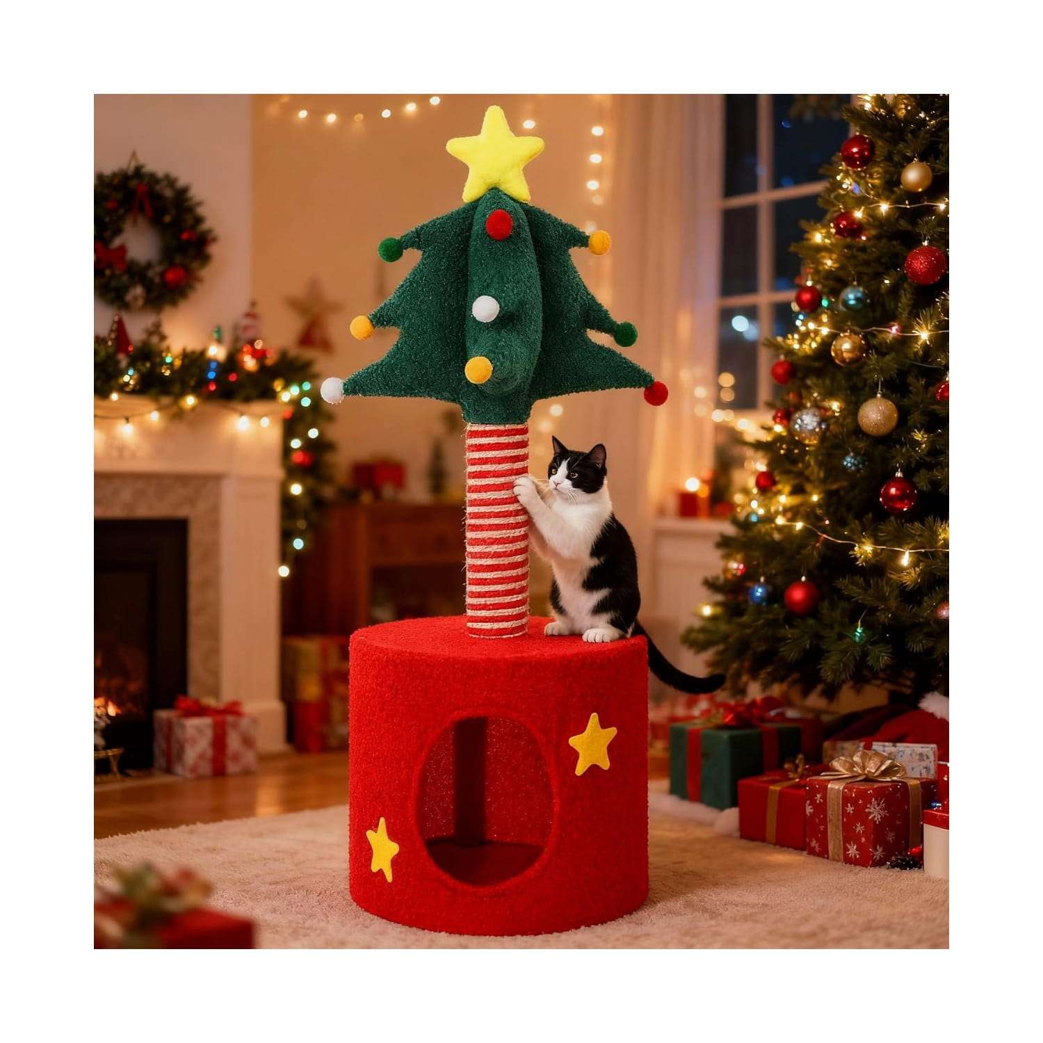 Rascador para gatos (35x35x85 cm) con diseño de Árbol de Navidad. Poste envuelto en sisal resistente y percha de observación elevada.