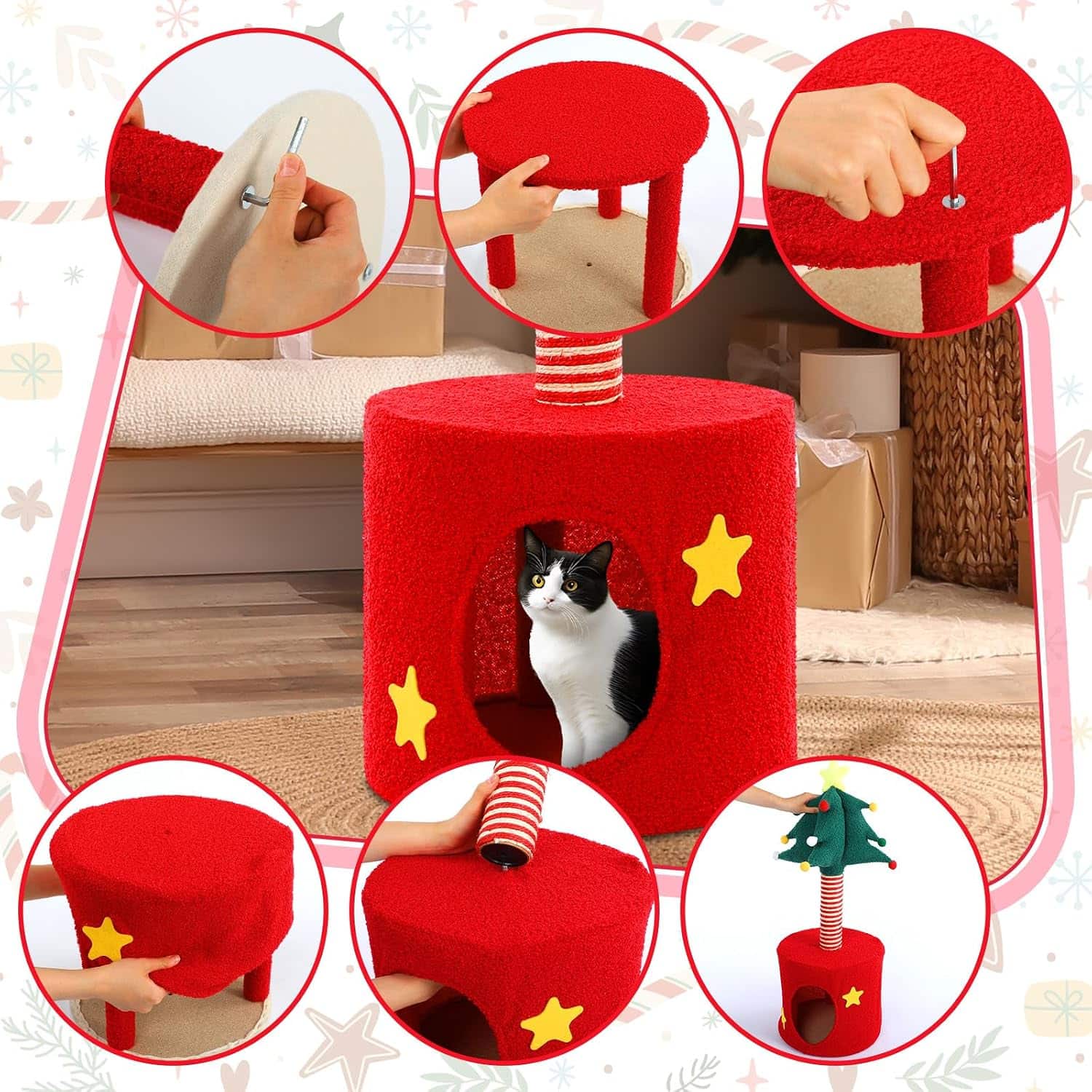 Rascador para gatos (35x35x85 cm) con diseño de Árbol de Navidad. Poste envuelto en sisal resistente y percha de observación elevada.