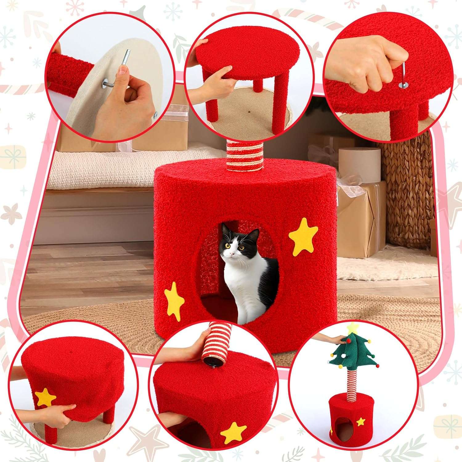 Rascador para gatos (35x35x85 cm) con diseño de Árbol de Navidad. Poste envuelto en sisal resistente y percha de observación elevada.