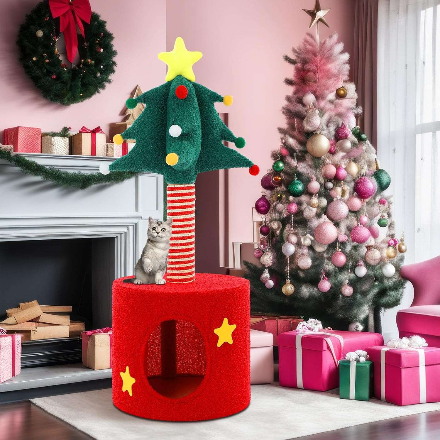 Rascador para gatos (35x35x85 cm) con diseño de Árbol de Navidad. Poste envuelto en sisal resistente y percha de observación elevada.