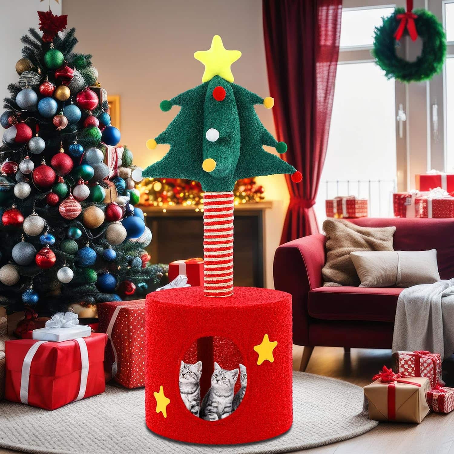 Rascador para gatos (35x35x85 cm) con diseño de Árbol de Navidad. Poste envuelto en sisal resistente y percha de observación elevada.