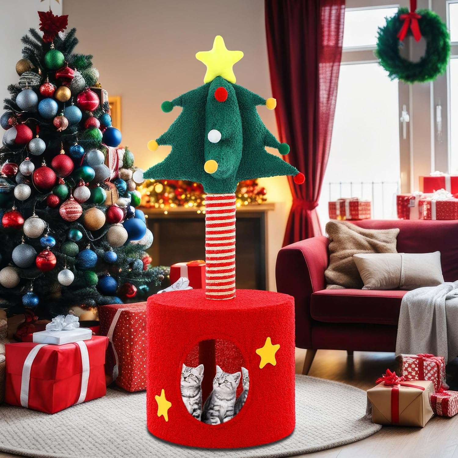 Rascador para gatos (35x35x85 cm) con diseño de Árbol de Navidad. Poste envuelto en sisal resistente y percha de observación elevada.