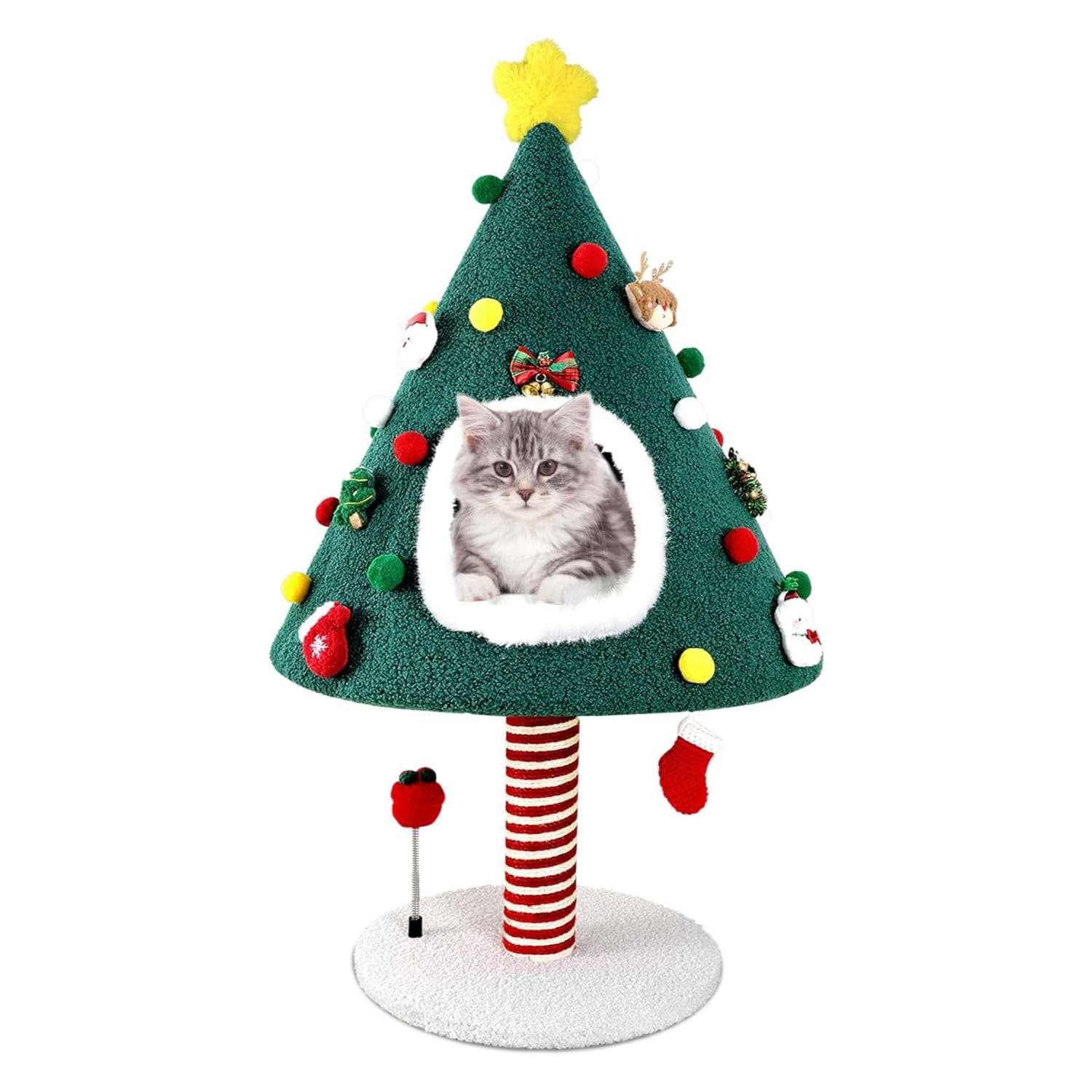 Árbol rascador 2 en 1 para gatos (51x51x91 cm). Diseño navideño, nido iglú de felpa y poste rascador envuelto en sisal duradero.