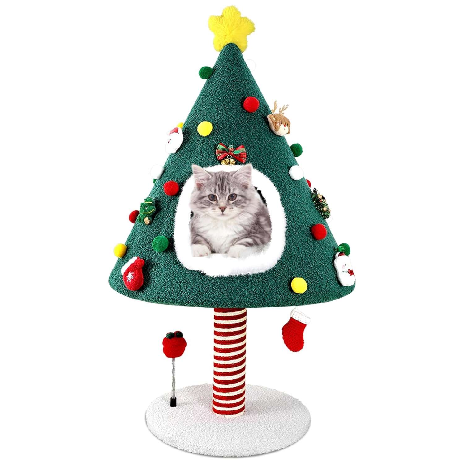 Árbol rascador 2 en 1 para gatos (51x51x91 cm). Diseño navideño, nido iglú de felpa y poste rascador envuelto en sisal duradero.