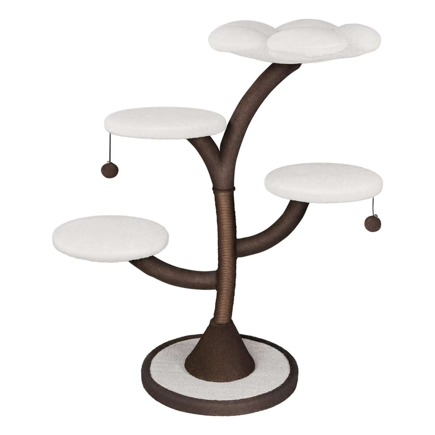 Arbol rascador de diseño (ciento doce centimetros) con marco de fierro y cojines florales. Base solida para cuatro gatos.