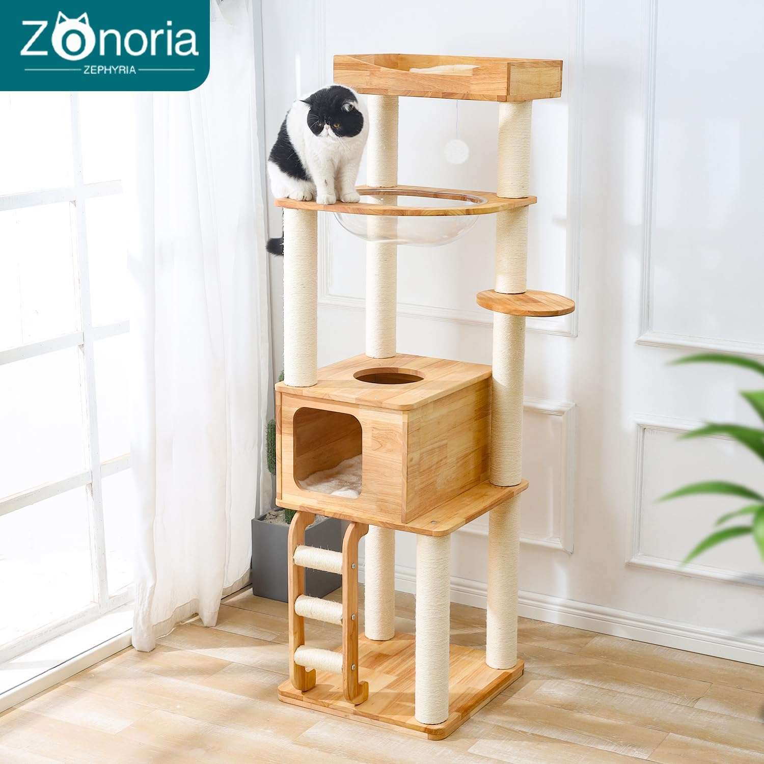 Torre rascador premium de madera maciza (165 cm). Base 53x51 cm, estabilidad reforzada, cueva y vaina espacial. Ideal para gatos grandes.