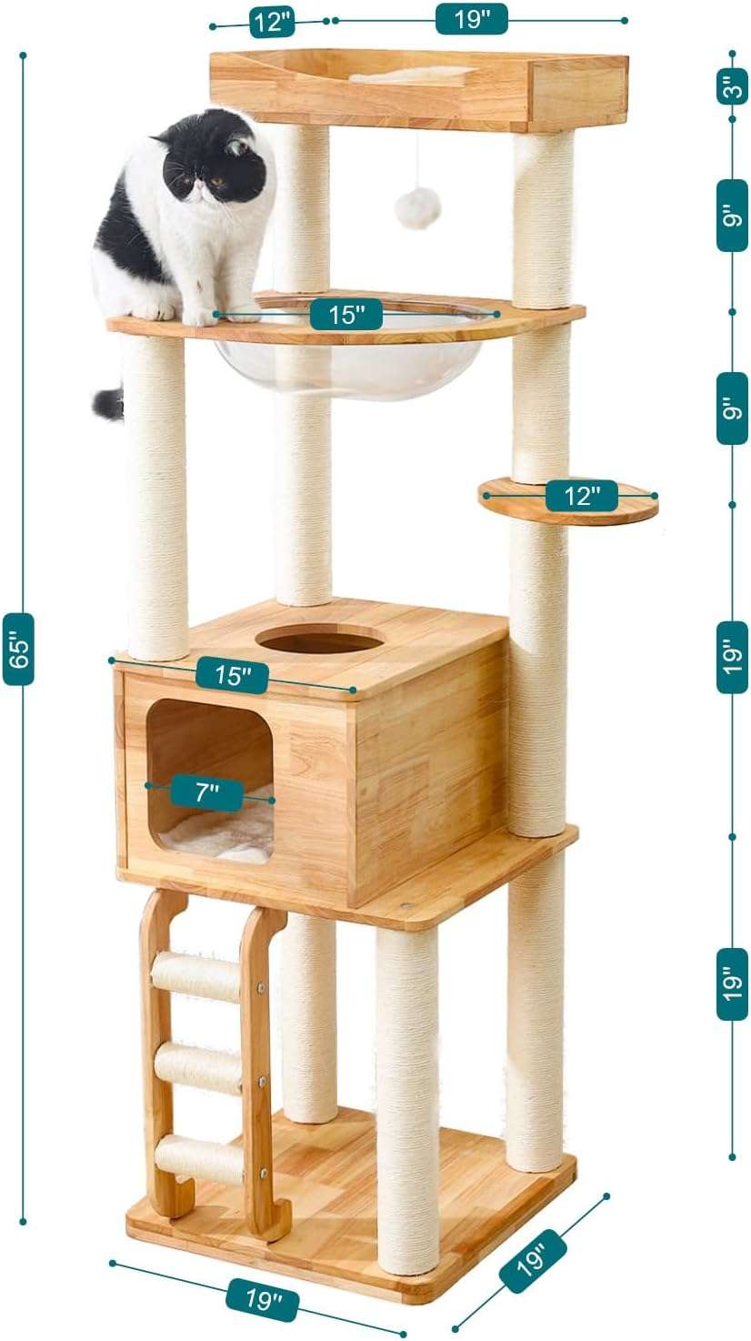 Torre rascador premium de madera maciza (165 cm). Base 53x51 cm, estabilidad reforzada, cueva y vaina espacial. Ideal para gatos grandes.
