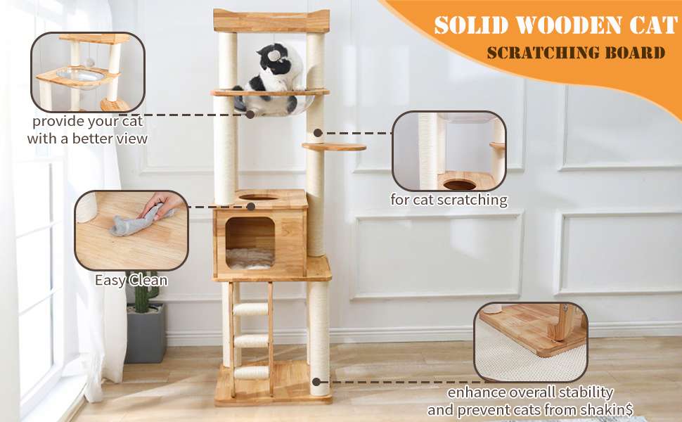 Torre rascador premium de madera maciza (165 cm). Base 53x51 cm, estabilidad reforzada, cueva y vaina espacial. Ideal para gatos grandes.