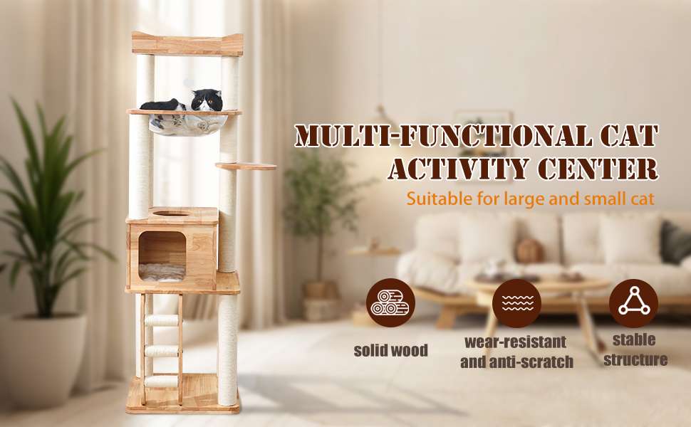 Torre rascador premium de madera maciza (165 cm). Base 53x51 cm, estabilidad reforzada, cueva y vaina espacial. Ideal para gatos grandes.