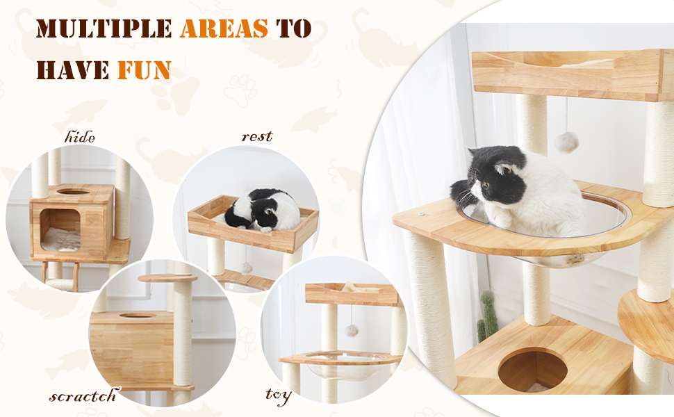 Torre rascador premium de madera maciza (165 cm). Base 53x51 cm, estabilidad reforzada, cueva y vaina espacial. Ideal para gatos grandes.