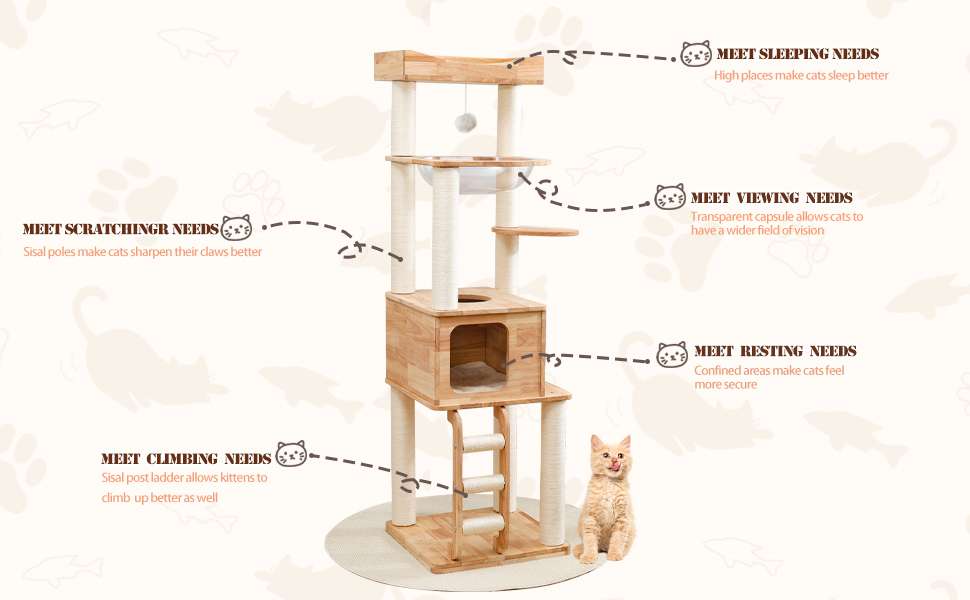 Torre rascador premium de madera maciza (165 cm). Base 53x51 cm, estabilidad reforzada, cueva y vaina espacial. Ideal para gatos grandes.