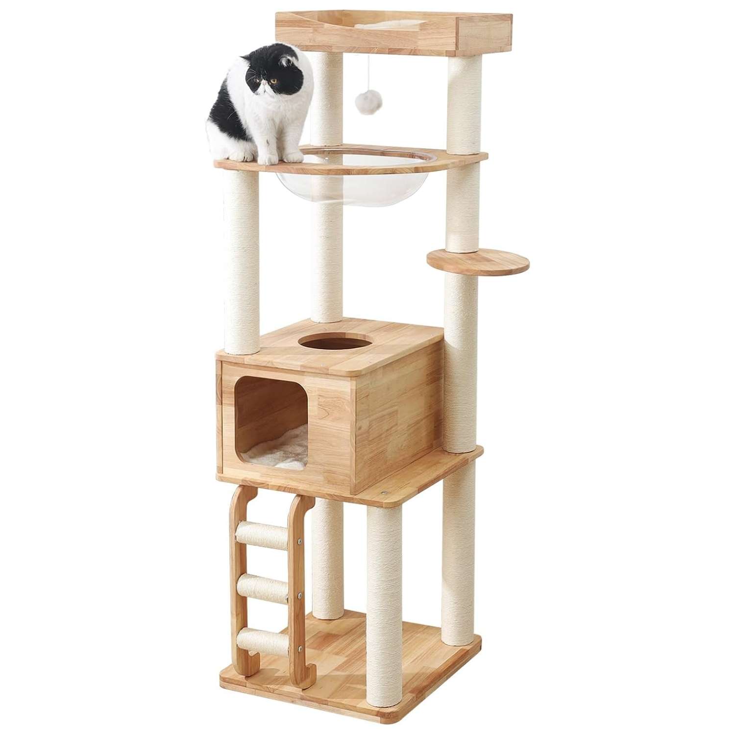 Torre rascador premium de madera maciza (165 cm). Base 53x51 cm, estabilidad reforzada, cueva y vaina espacial. Ideal para gatos grandes.