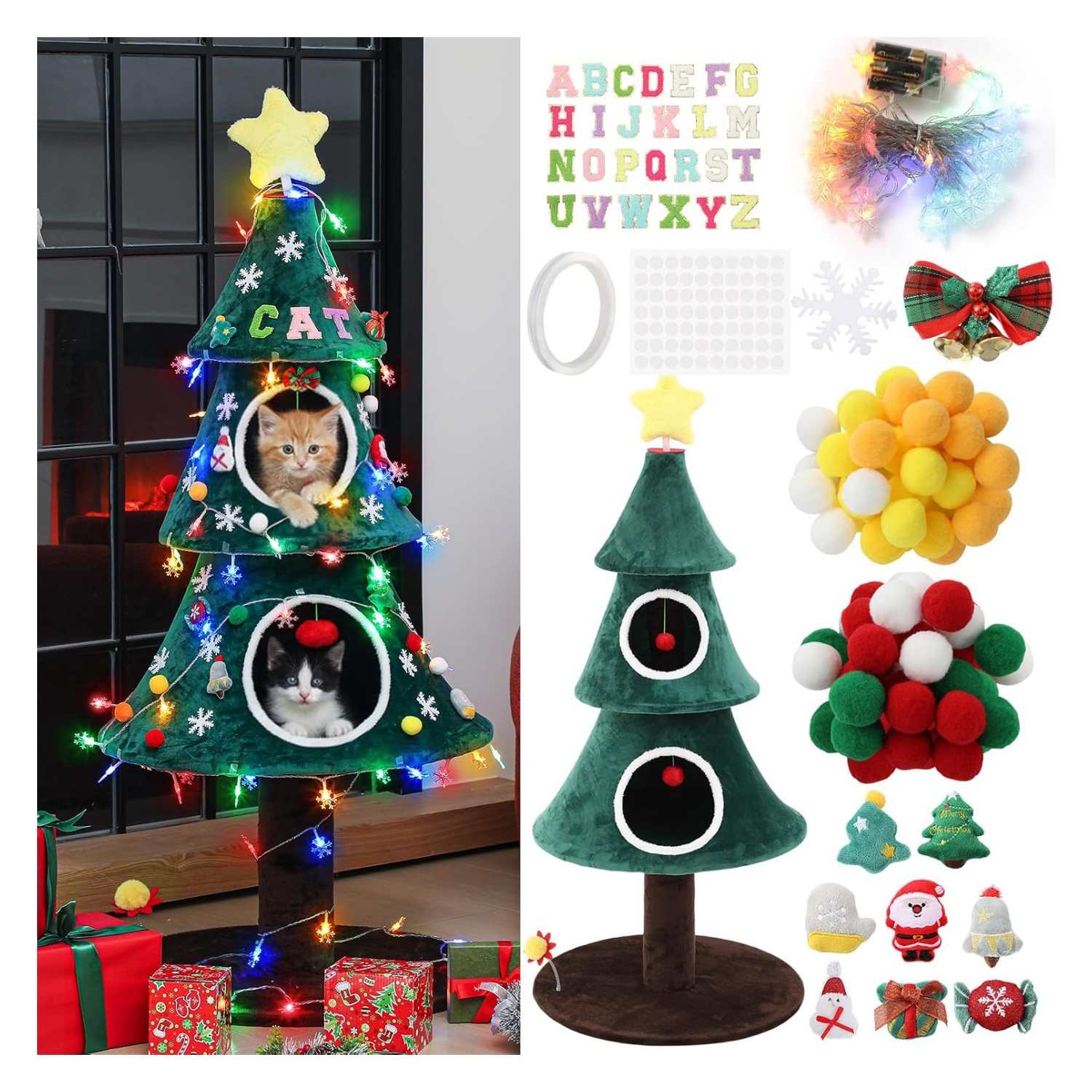 Torre de gatos multi-nivel (48x48x132 cm). Diseño Árbol de Navidad con 2 camas, luces LED y kit de personalización DIY.