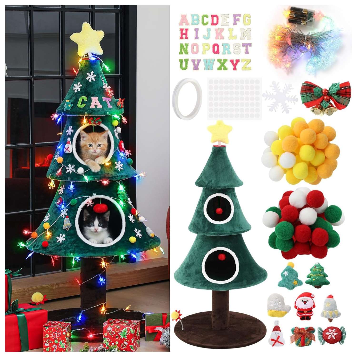 Torre de gatos multi-nivel (48x48x132 cm). Diseño Árbol de Navidad con 2 camas, luces LED y kit de personalización DIY.