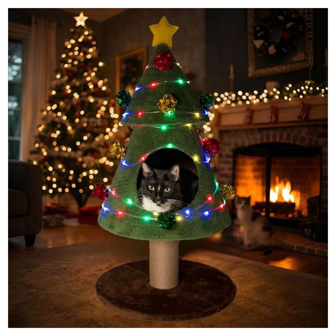 Árbol de Navidad para gatos (50x50x102 cm). Torre de escalada con luces LED seguras y adornos fijados para juego y decoración.