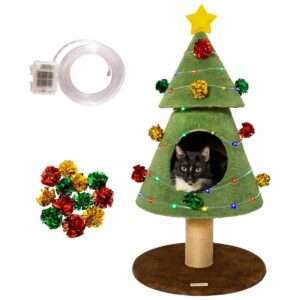 Árbol de Navidad para gatos (50x50x102 cm). Torre de escalada con luces LED seguras y adornos fijados para juego y decoración.