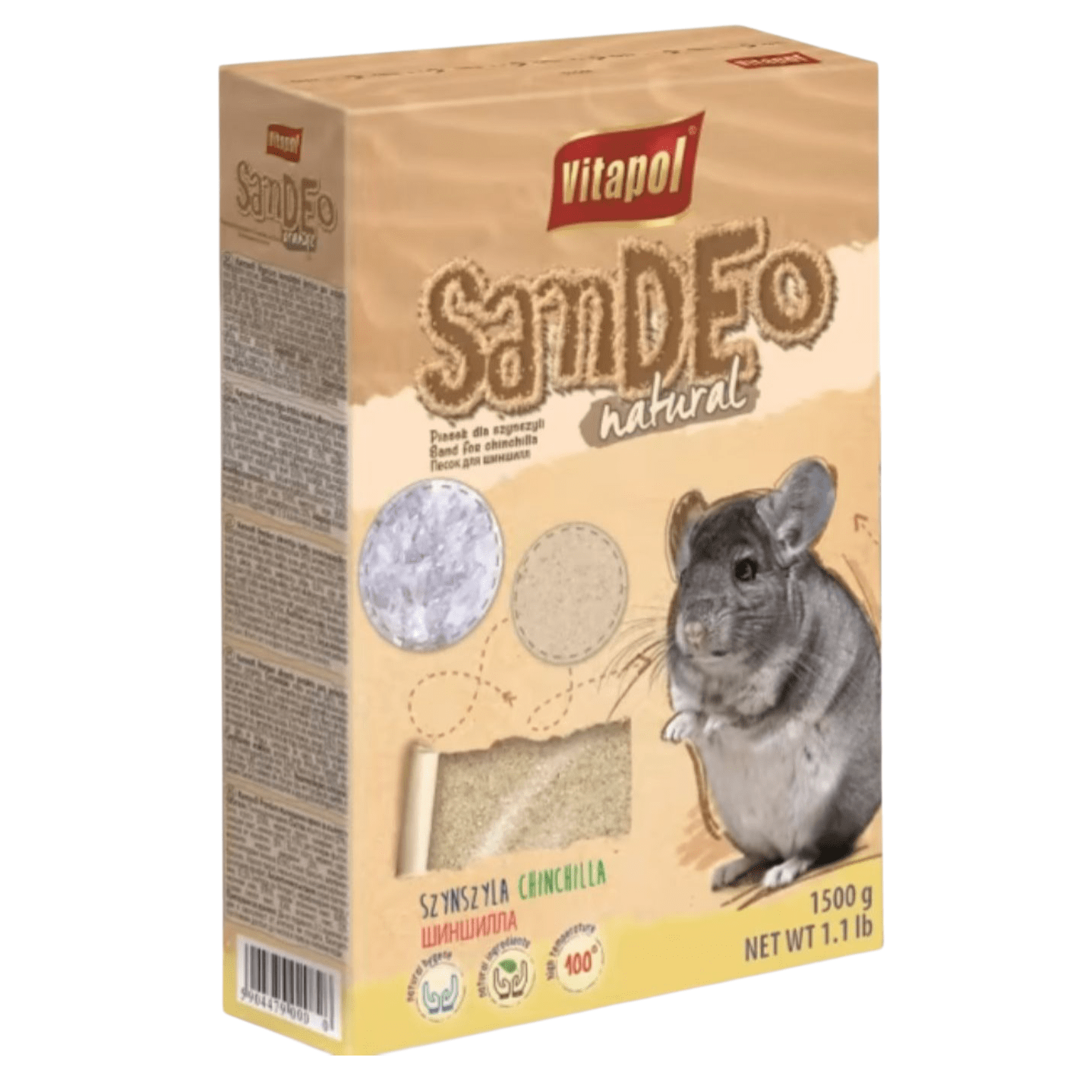 Arena de baño Vitapol SanDEO Natural (1.5 kg) para chinchillas. Polvo fino y natural que elimina grasa y suciedad del pelaje de roedores.