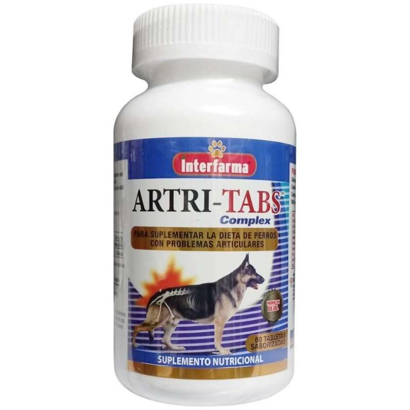 Artri-Tabs Complex. Suplemento articular masticable para perros. Contiene Glucosamina, Condroitina, Colágeno y MSM para el dolor.