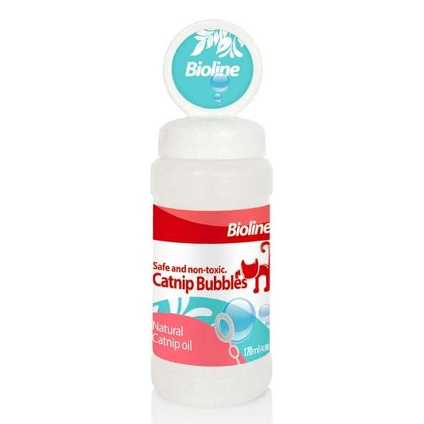 Burbujas de Hierba Gatera Bioline Catnip Bubbles 120ml. Juguete seguro y no tóxico para estimular el juego y la caza en gatos.