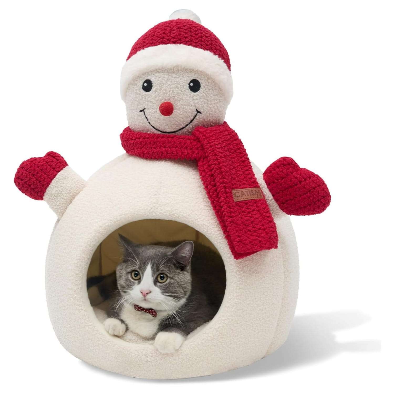 Cama cueva navideña para gatos y perros pequeños. Diseño Muñeco de Nieve (41x41x56 cm) con forro polar cálido y base antideslizante.