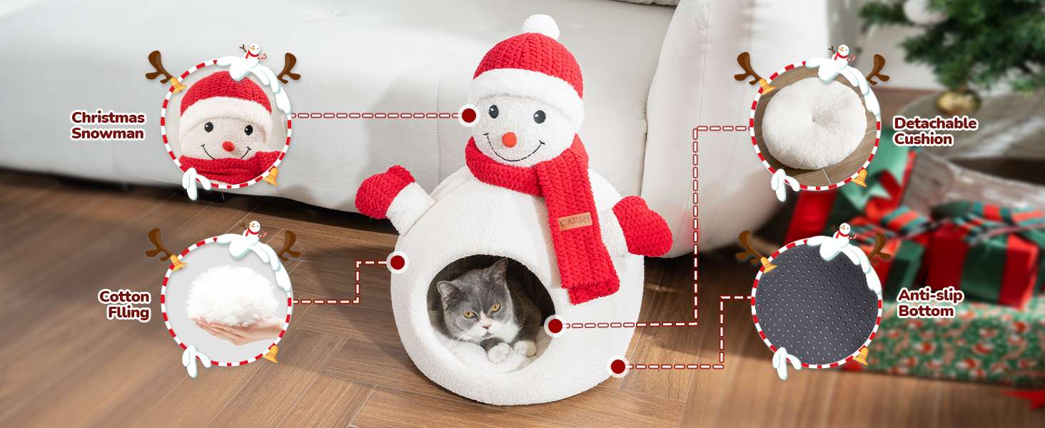 Cama cueva navideña para gatos y perros pequeños. Diseño Muñeco de Nieve (41x41x56 cm) con forro polar cálido y base antideslizante.