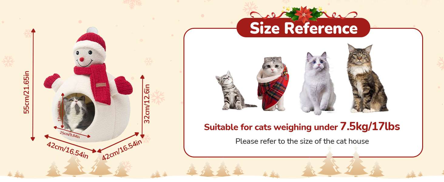 Cama cueva navideña para gatos y perros pequeños. Diseño Muñeco de Nieve (41x41x56 cm) con forro polar cálido y base antideslizante.