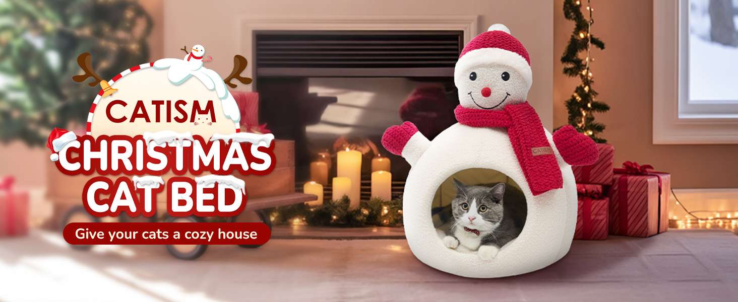 Cama cueva navideña para gatos y perros pequeños. Diseño Muñeco de Nieve (41x41x56 cm) con forro polar cálido y base antideslizante.