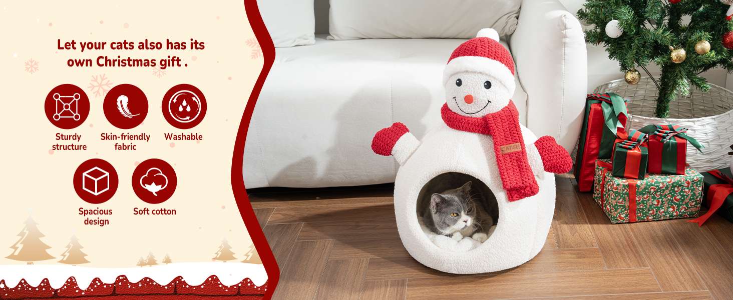 Cama cueva navideña para gatos y perros pequeños. Diseño Muñeco de Nieve (41x41x56 cm) con forro polar cálido y base antideslizante.