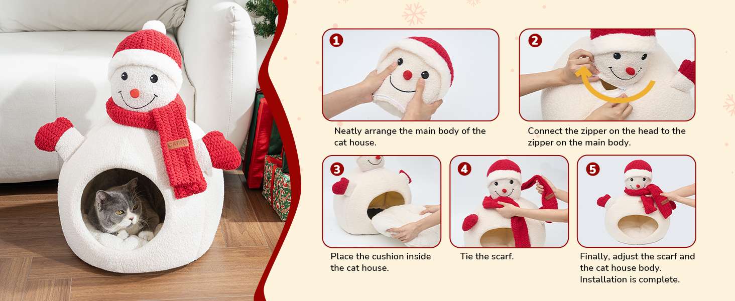 Cama cueva navideña para gatos y perros pequeños. Diseño Muñeco de Nieve (41x41x56 cm) con forro polar cálido y base antideslizante.