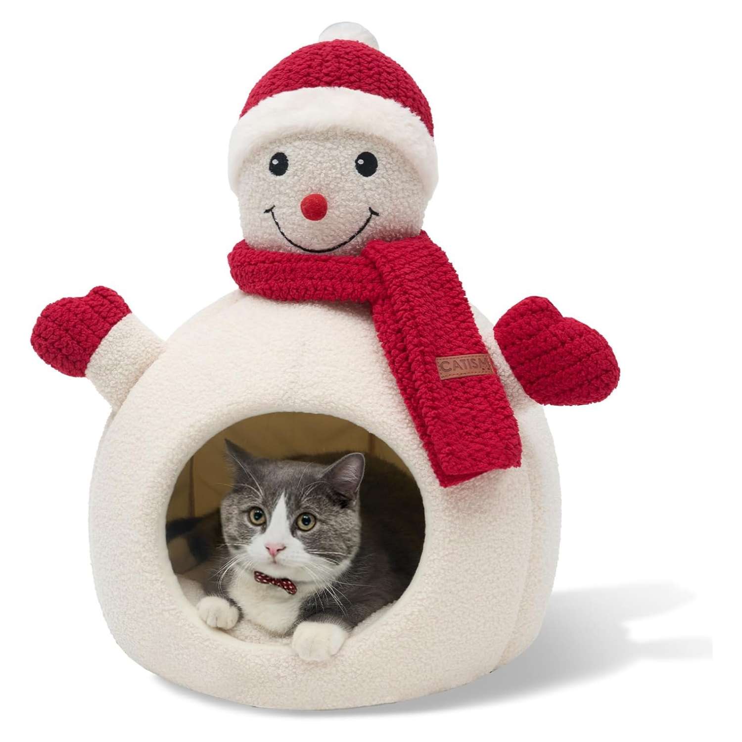 Cama cueva navideña para gatos y perros pequeños. Diseño Muñeco de Nieve (41x41x56 cm) con forro polar cálido y base antideslizante.