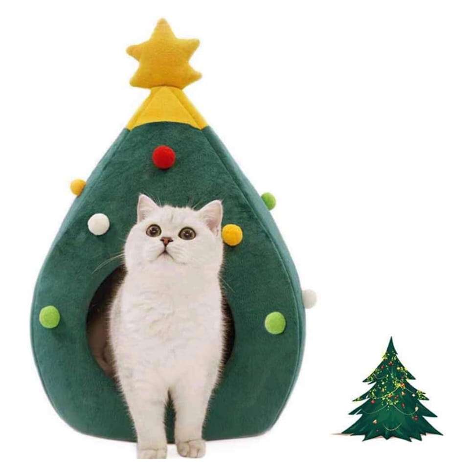 Cama cueva iglú de Navidad para gatos con diseño de Árbol de Navidad (30x30x50 cm). Forro polar cálido y base impermeable.