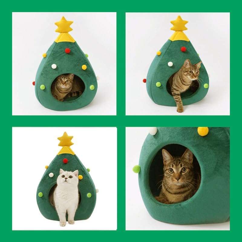Cama cueva iglú de Navidad para gatos con diseño de Árbol de Navidad (30x30x50 cm). Forro polar cálido y base impermeable.