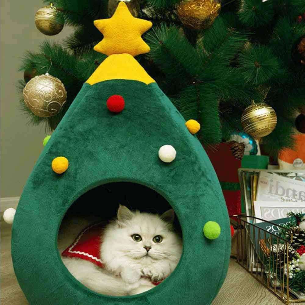 Cama cueva iglú de Navidad para gatos con diseño de Árbol de Navidad (30x30x50 cm). Forro polar cálido y base impermeable.