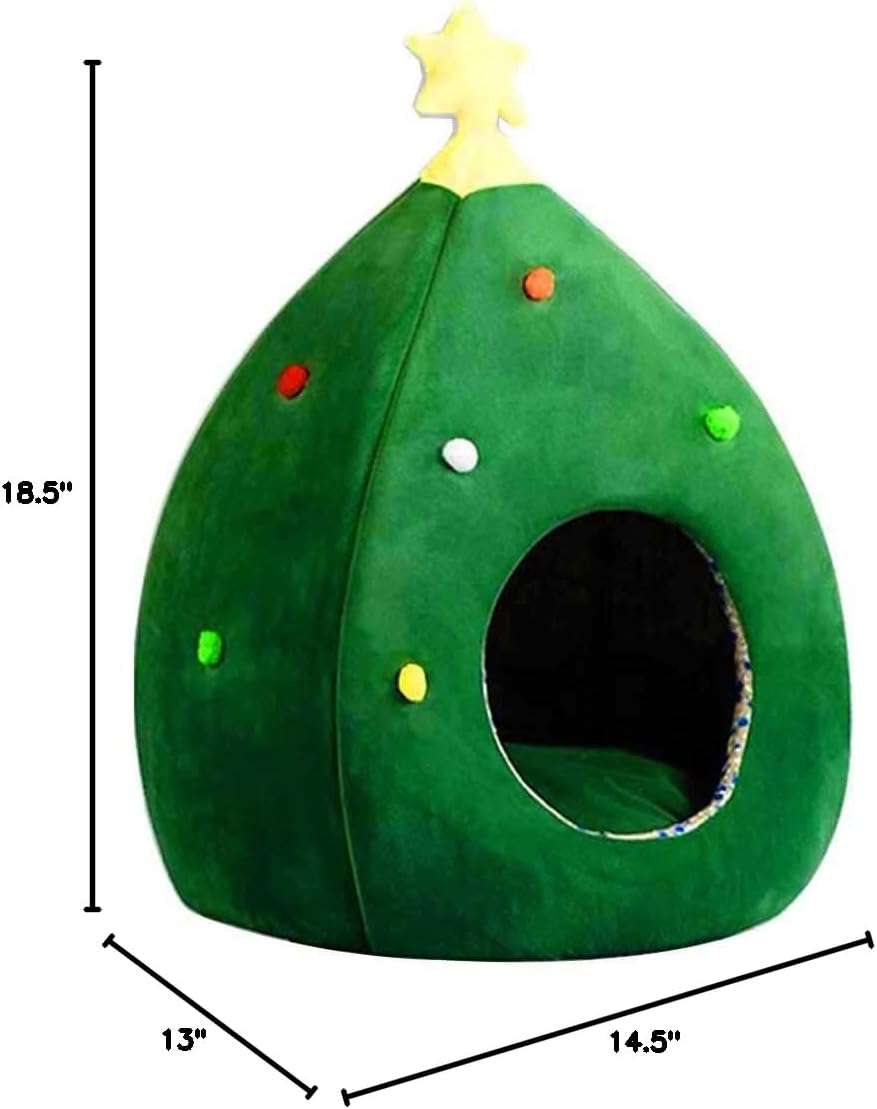 Cama cueva iglú de Navidad para gatos con diseño de Árbol de Navidad (30x30x50 cm). Forro polar cálido y base impermeable.