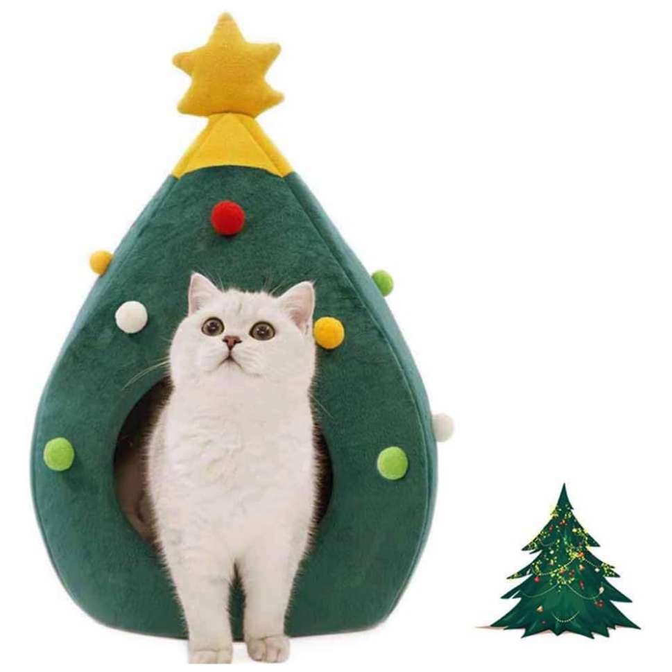 Cama cueva iglú de Navidad para gatos con diseño de Árbol de Navidad (30x30x50 cm). Forro polar cálido y base impermeable.