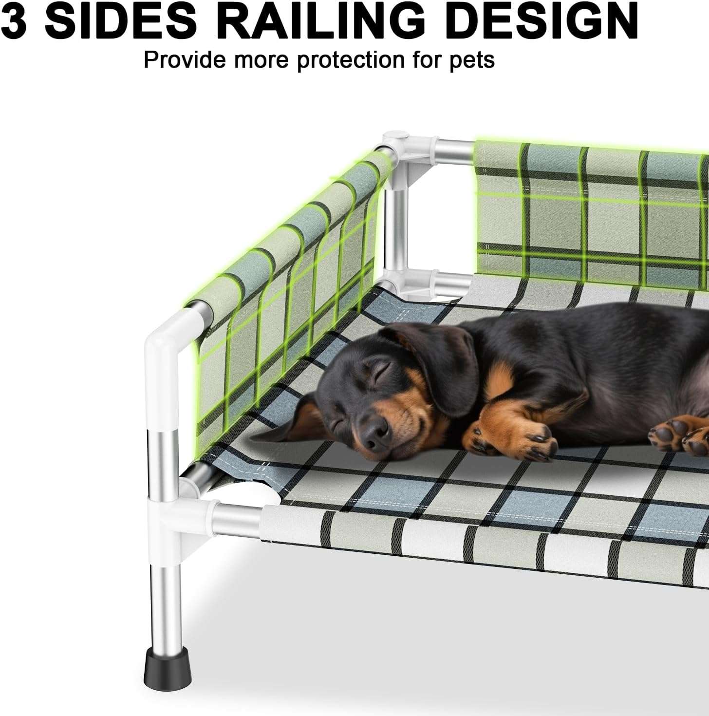 Cama elevada o cuna para perro con barandilla de seguridad, transpirable, anti-calor y anti-humedad para mascotas con dolor articular.