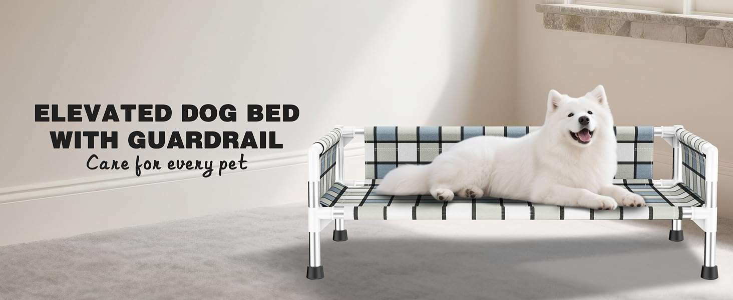 Cama elevada o cuna para perro con barandilla de seguridad, transpirable, anti-calor y anti-humedad para mascotas con dolor articular.