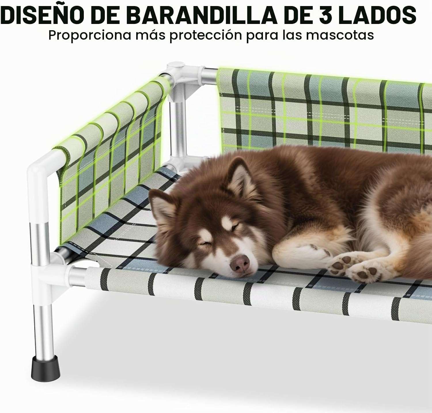 Cama elevada o cuna para perro con barandilla de seguridad, transpirable, anti-calor y anti-humedad para mascotas con dolor articular.