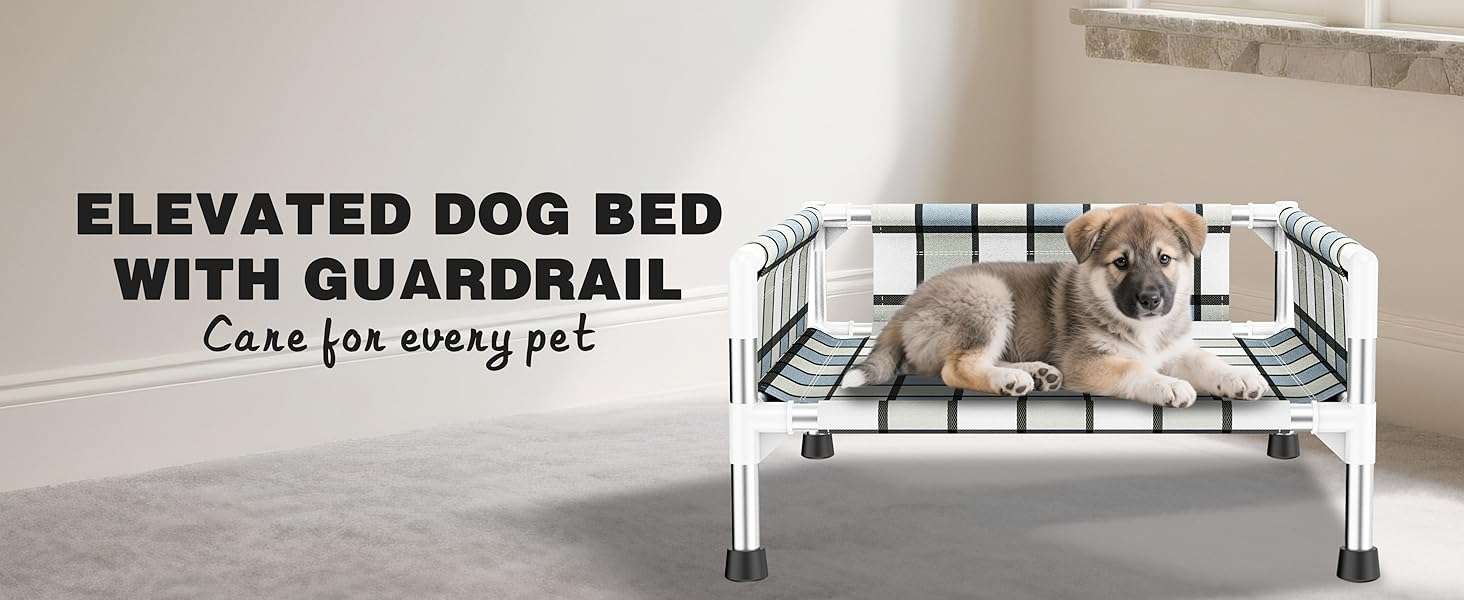 Cama elevada o cuna para perro con barandilla de seguridad, transpirable, anti-calor y anti-humedad para mascotas con dolor articular.