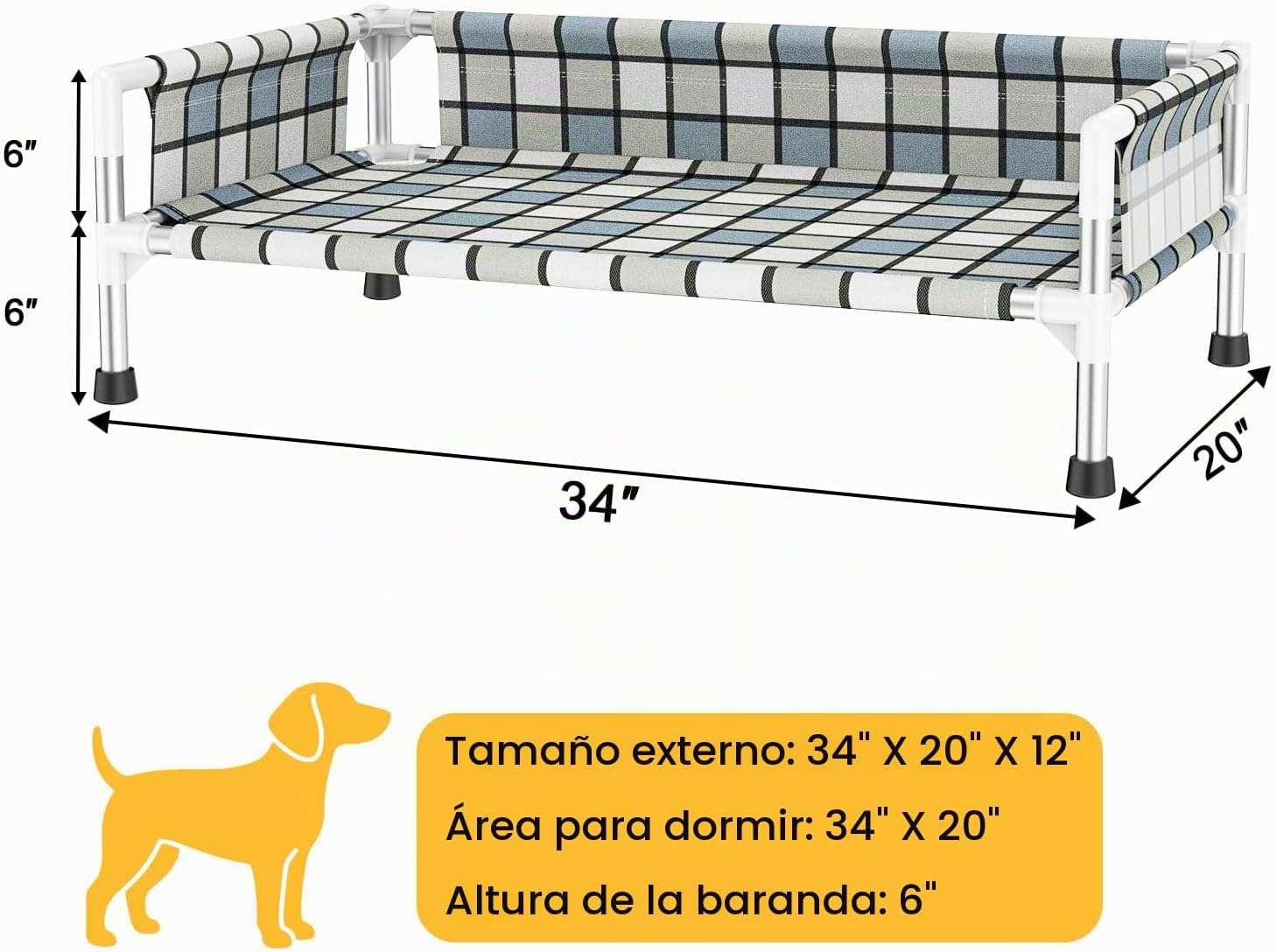 Cama elevada o cuna para perro con barandilla de seguridad, transpirable, anti-calor y anti-humedad para mascotas con dolor articular.