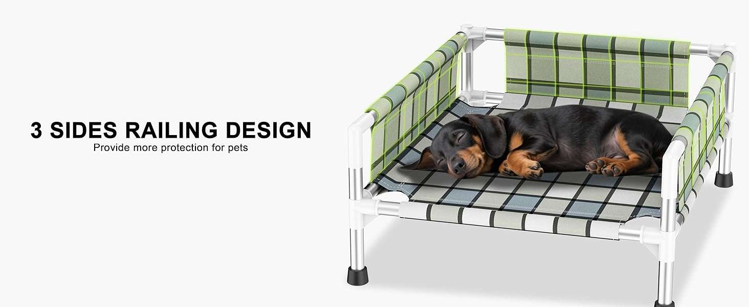 Cama elevada o cuna para perro con barandilla de seguridad, transpirable, anti-calor y anti-humedad para mascotas con dolor articular.