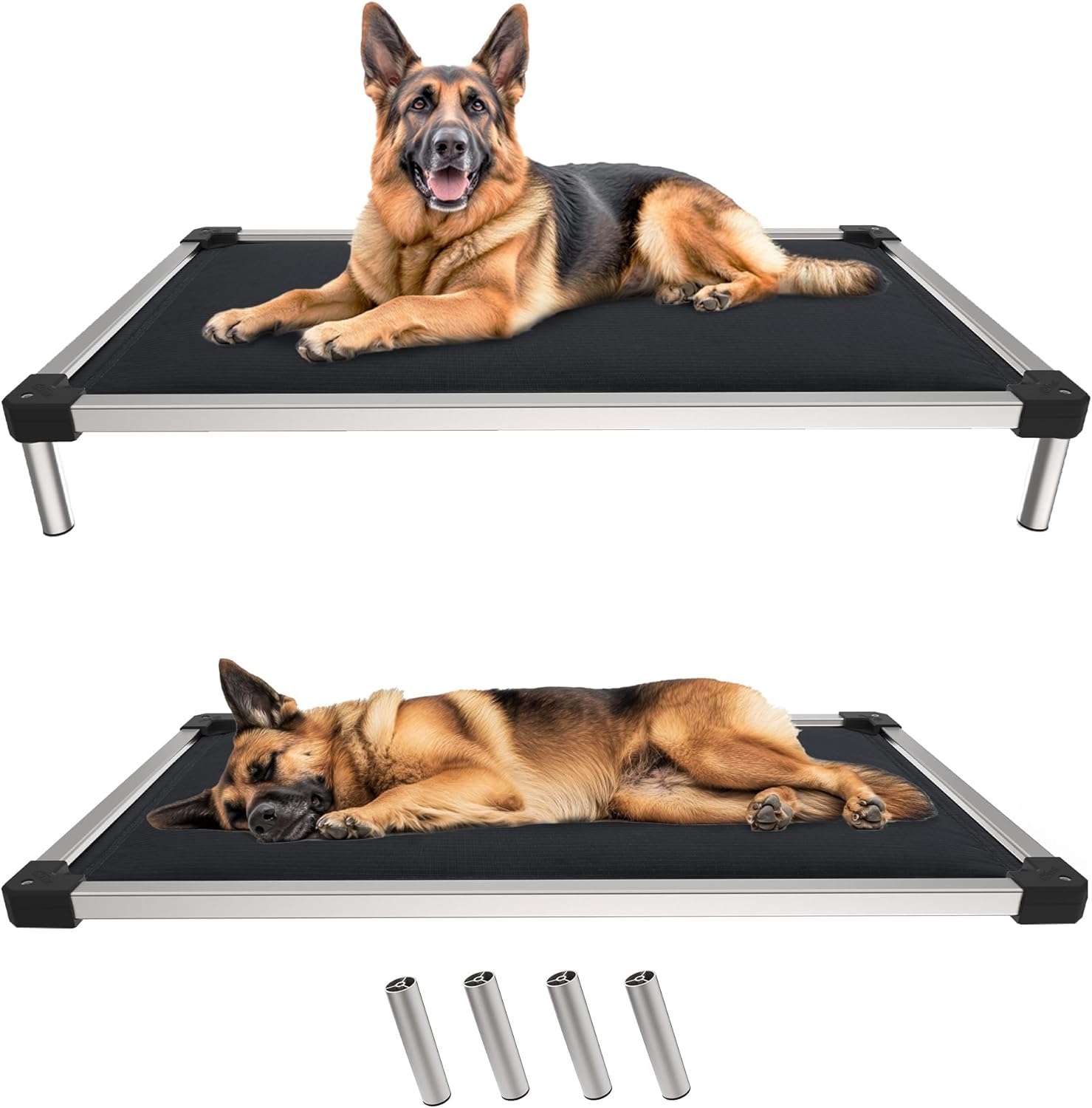 Cama elevada indestructible para perros (soporta 113 kg). Marco de aluminio, bordes a prueba de masticación y rápido montaje.