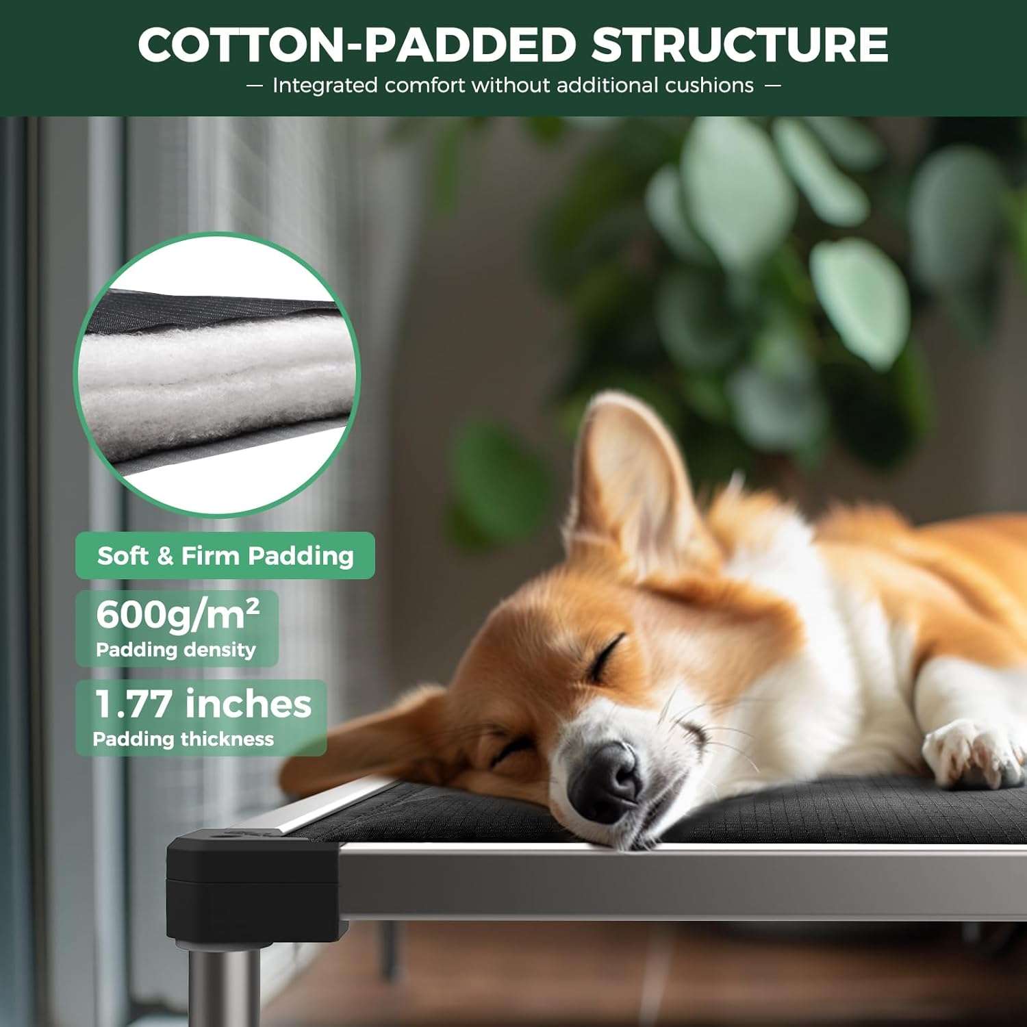 Cama elevada indestructible para perros (soporta 113 kg). Marco de aluminio, bordes a prueba de masticación y rápido montaje.